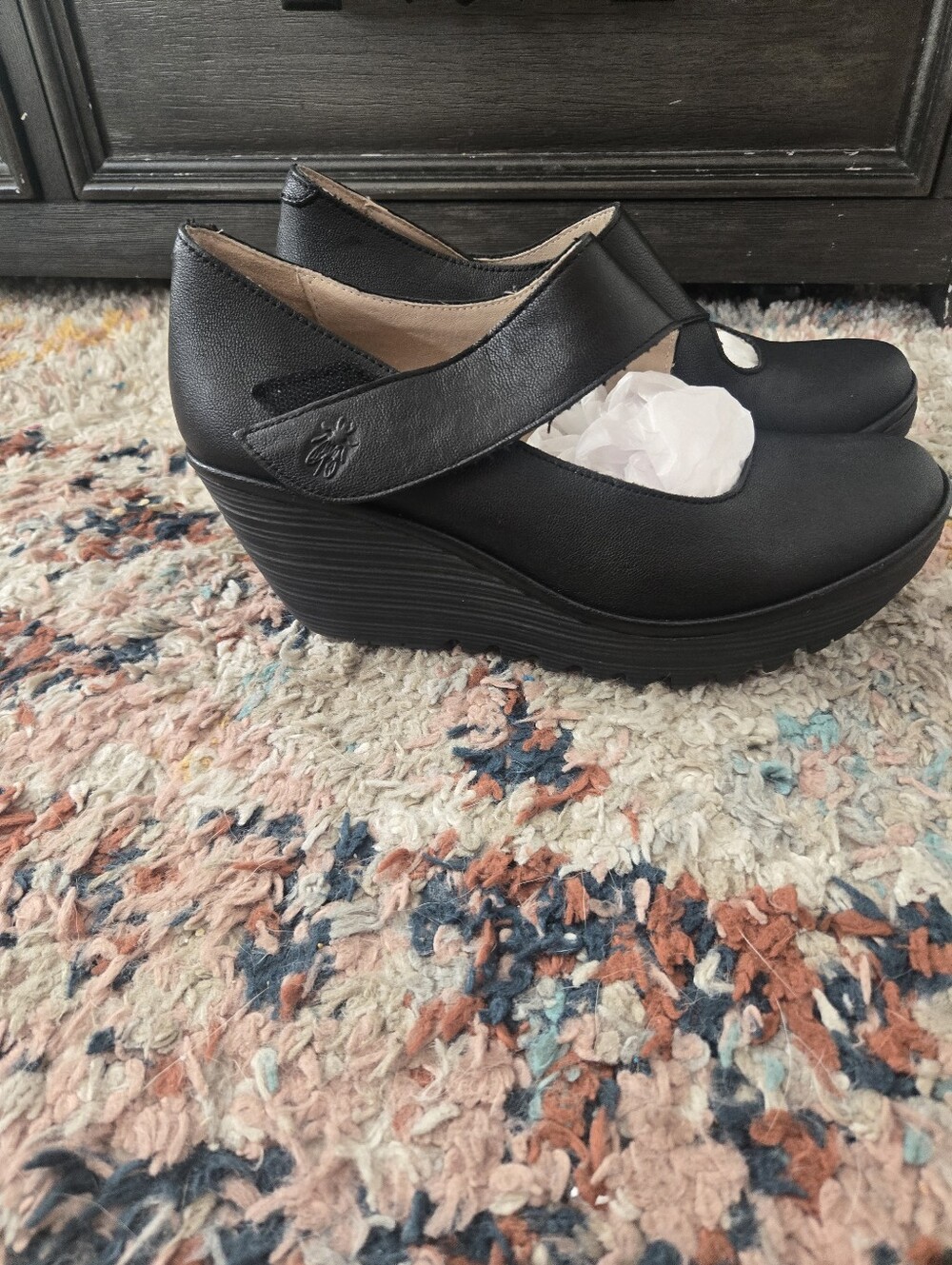 FLY London YASI Black Leather Mary Jane Platform Wedge Shoes - Picture 5 of 7